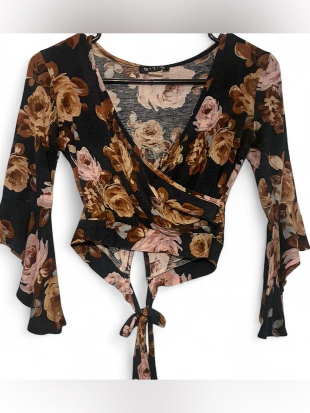 579 Black Floral Tie-Front Crop Top with Brown & Pink Roses